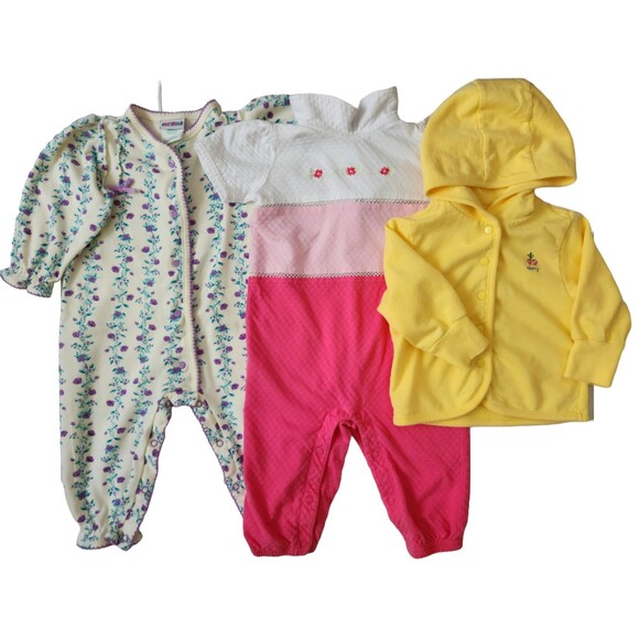 Mix Other - Baby Girl Clothes Lot - 2 Cotton Romper Jumpers & 1 Hooded Cardigan Playwear 12M